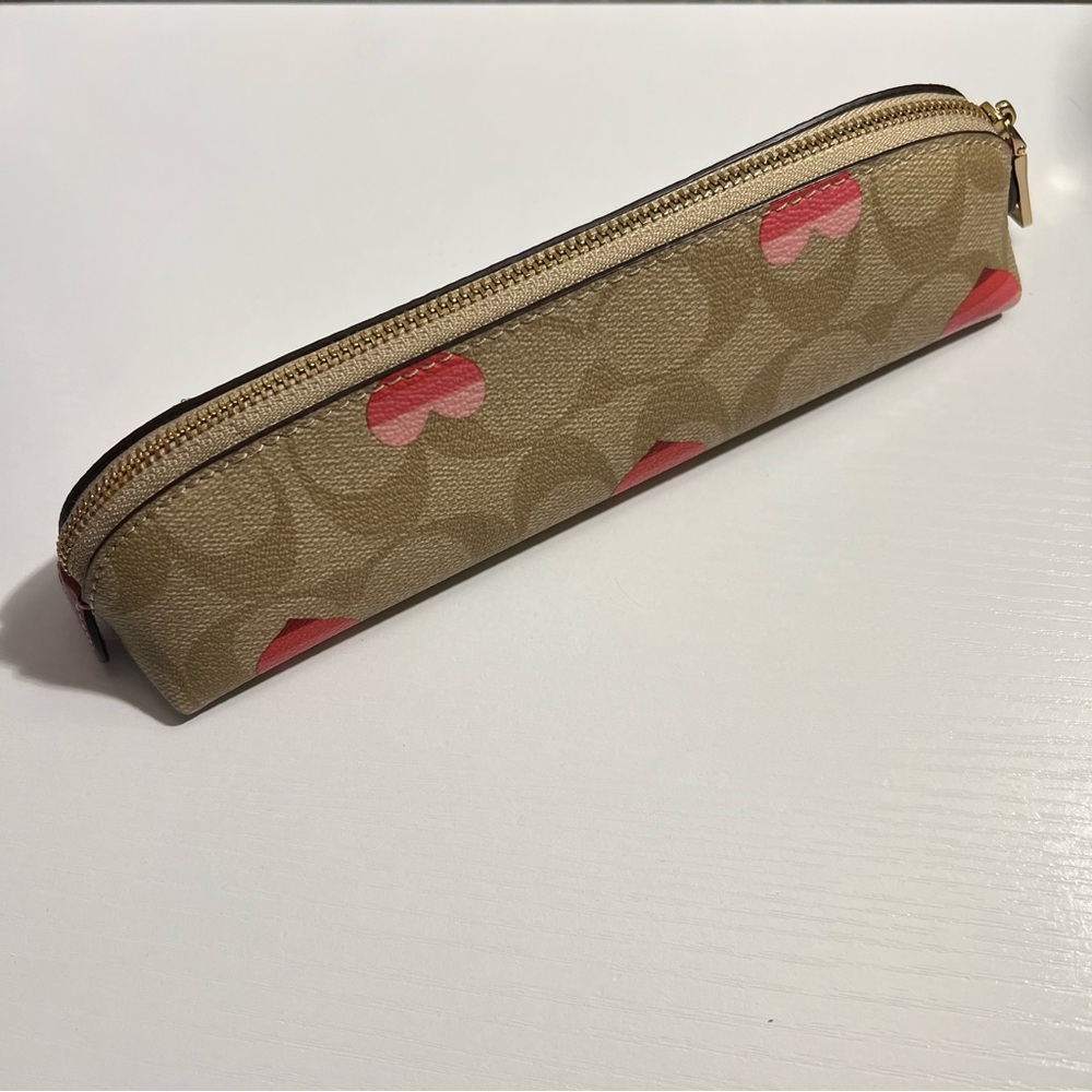 Coach Pencil Case In Signature Canvas with Stripe Heart Print - Picture 2 of 12
